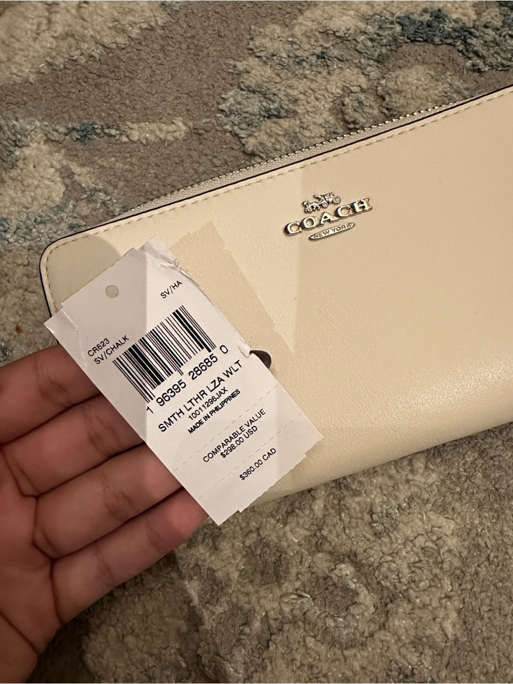COACH Chalk Leather Zip Wallet in Soft Cream with Gold Logo